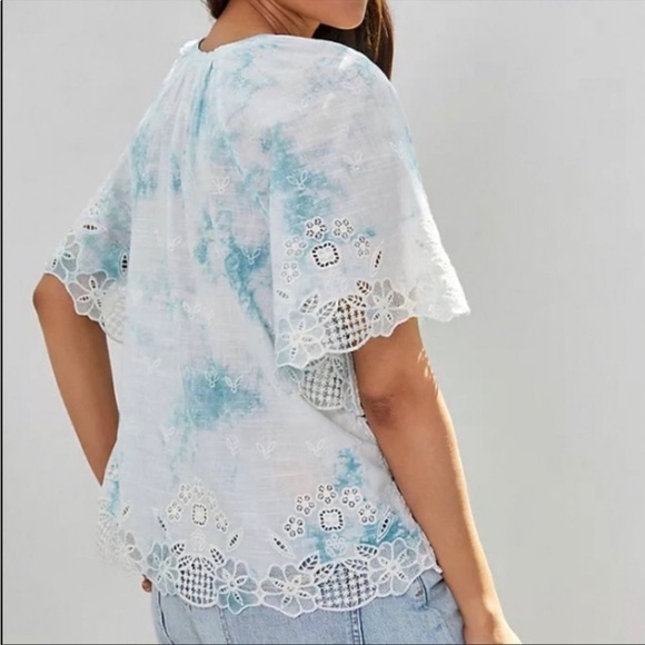 ANTHROPOLOGIE Olivia Embroidered Tie-Dye Blouse Top New NWT Size XS blue white - Picture 3 of 10